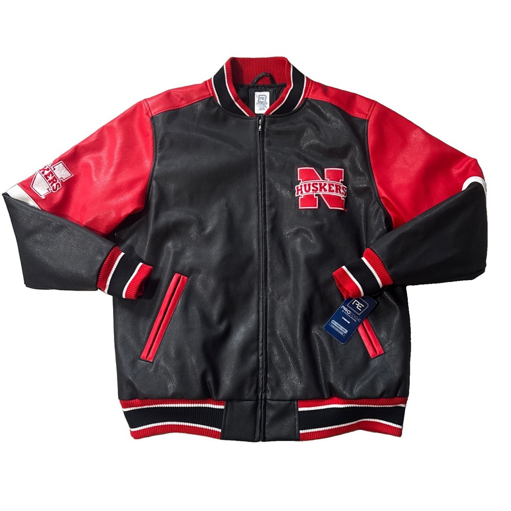 Vintage NWT Nebraska Huskers Black And Red Collegiate Leather Jacket Men's Large